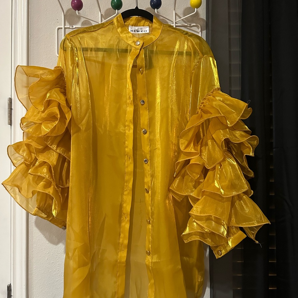 Kate Hewko Yellow Sheer Ruffle Sleeve Blouse
